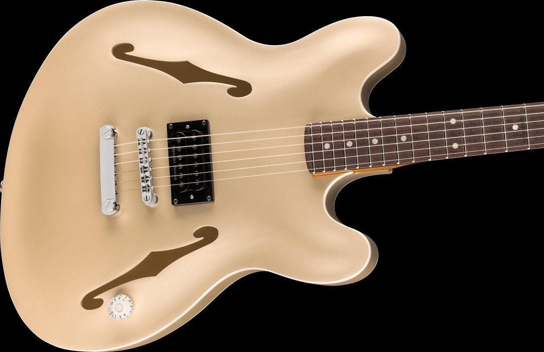 Fender Tom DeLonge Starcaster Chrome Hardware Satin Shoreline Gold Front Crop Tilt Right