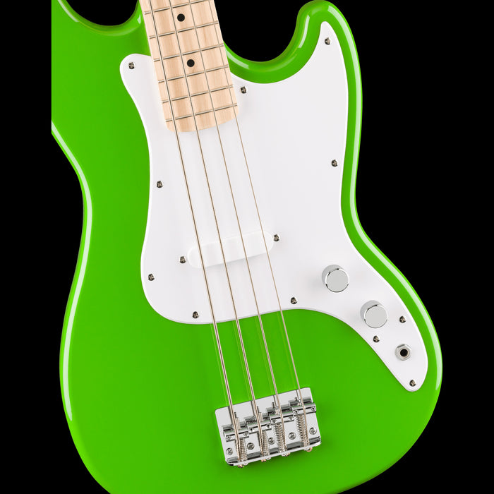 Squier FSR Sonic Bronco Bass Maple Fingerboard White Pickguard Lime Green Front Body Detail