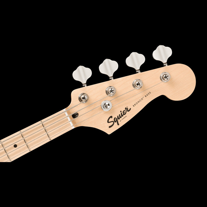 Squier FSR Sonic Bronco Bass Maple Fingerboard White Pickguard Lime Green Headstock Front 