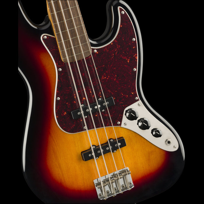 Squier Classic Vibe '60s Jazz Bass Fretless 3-Color Sunburst Front Body Detail
