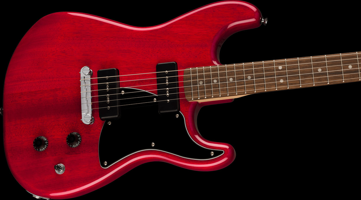 Squier Paranormal Strat-O-Sonic Laurel Fingerboard Black Pickguard Crimson Red Transparent