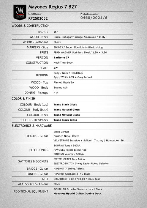 Mayones Regius 7 StringMayones Regius Core B27 7 String Baritone 27" Scale Trans Gloss Black with Case Baritone Guitar 27" Scale Trans Gloss Black B27