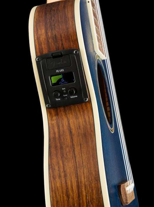 Fender Dhani Harrison Ukulele Sapphire Blue Built-In Tuner Closeup
