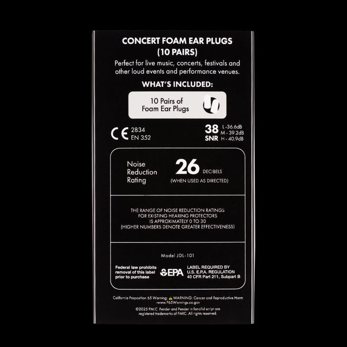 Fender Concert Foam Ear Plugs - 10 Pair Back