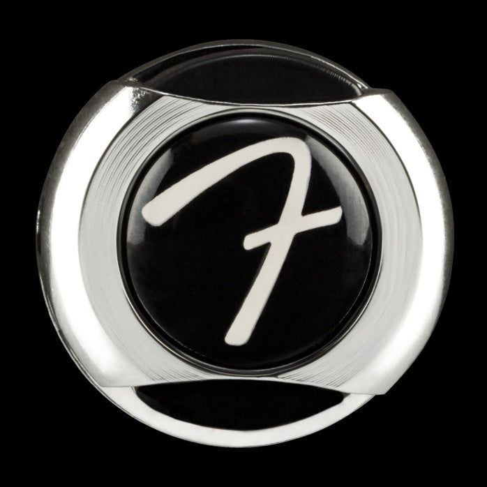 Fender Infinity Strap Locks Chrome Closeup Front Logo