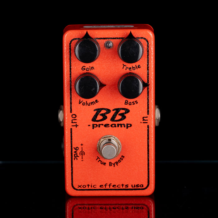 Orange BB-preamp guitar effects pedal with black text on a black background
