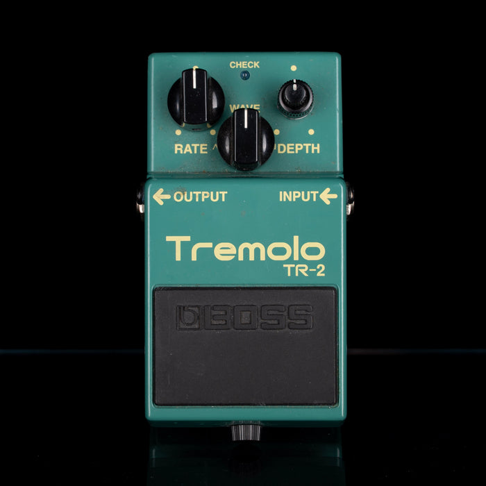 Boss Tremolo TR-2 guitar effects pedal on a black background
