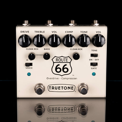 Truetone Route 66 guitar effects pedal with various knobs on a black background
