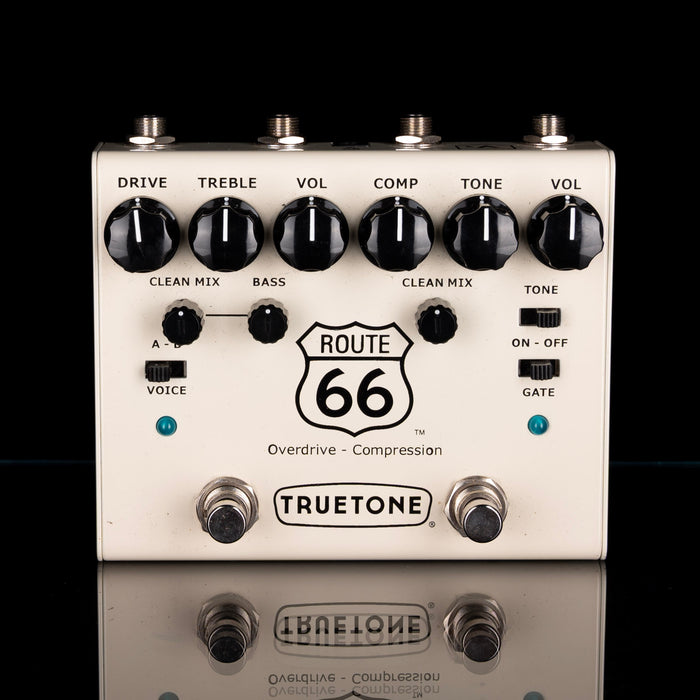Truetone Route 66 guitar effects pedal with various knobs on a black background