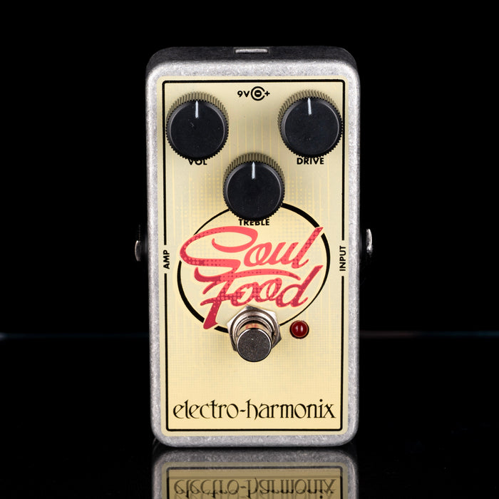 Guitar effects pedal with 'Soul Food' branding on a black background