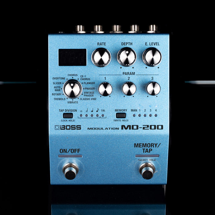 Blue BOSS MD-200 modulation effects pedal on a black background