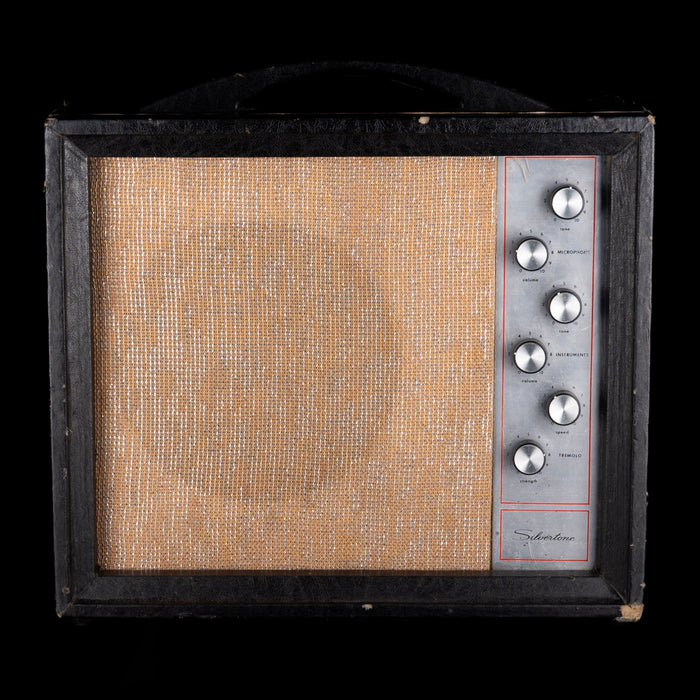 Vintage-style amplifier with a textured front panel and control knobs on a black background