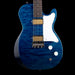 Blue electric guitar with a white pickguard on a black background