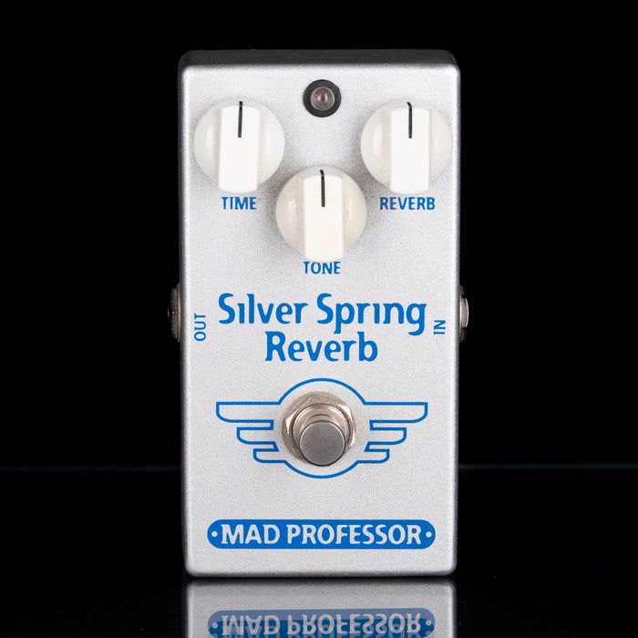 Guitar effects pedal with 'Silver Spring Reverb' branding on a black background