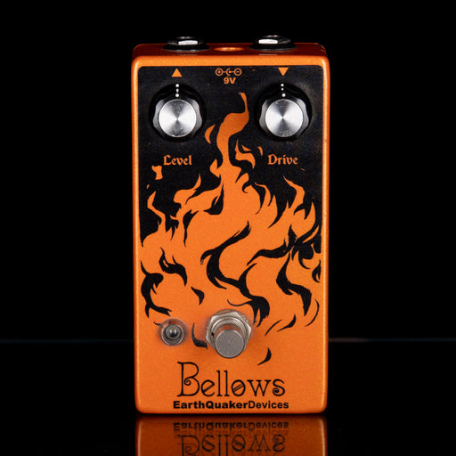 Guitar effects pedal with flame design and 'Bellows' branding on a black background