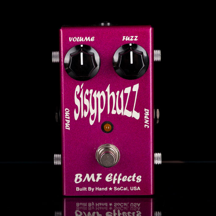 Purple guitar effects pedal with 'Sisyp huhz' and 'BMF Effects' branding on a black background