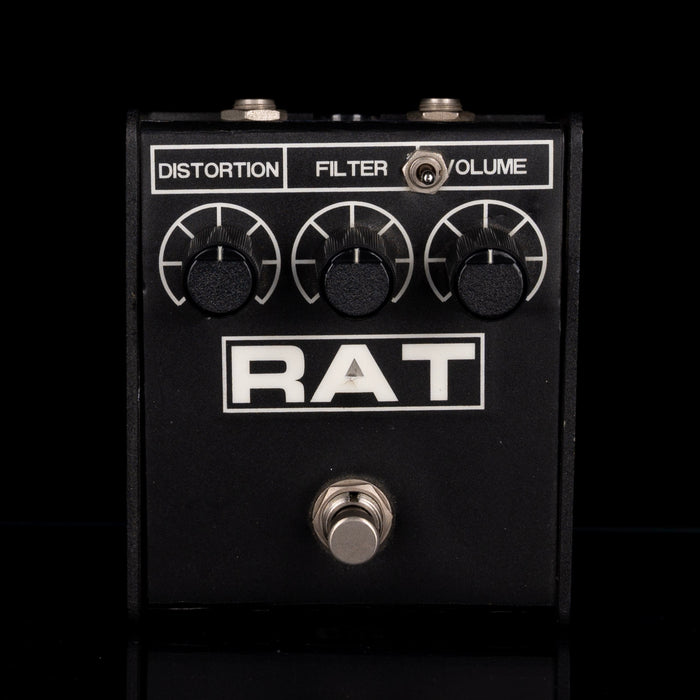 Guitar effects pedal with 'RAT' branding on a black background