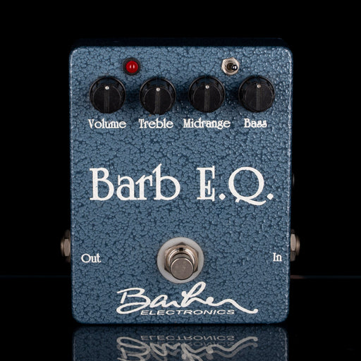 Barb E.Q. guitar effects pedal with control knobs and branding on a black background