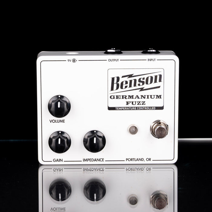 Guitar effects pedal with 'Benson Germanium Fuzz' branding on a black background