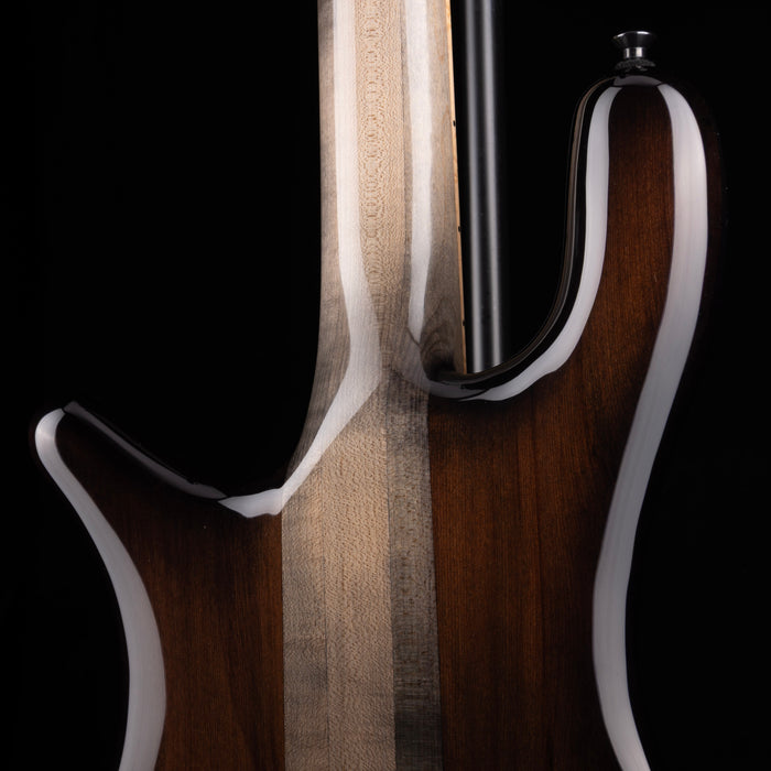 Close-up of a guitar's wooden neck and headstock on a black background