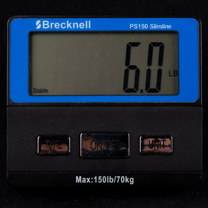 Brecknell PS150 Slimline digital scale displaying weight on a black background