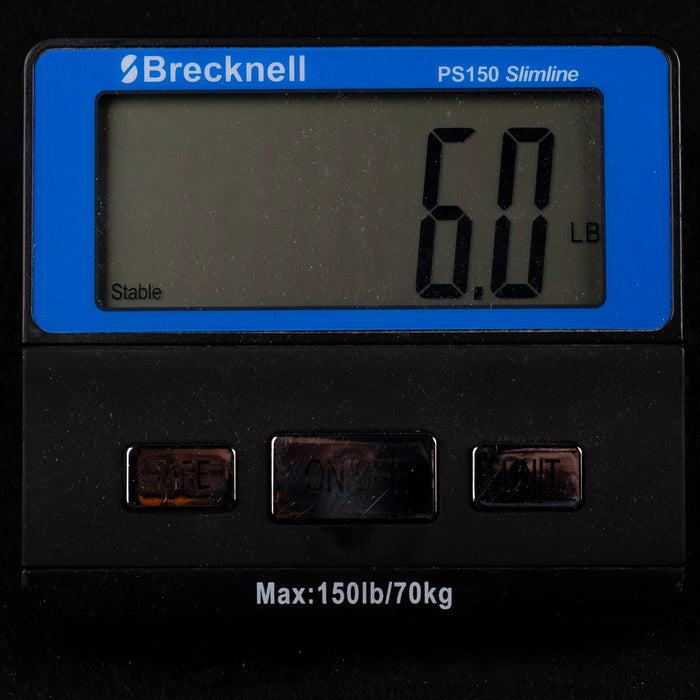 Brecknell PS150 Slimline digital scale displaying weight on a black background