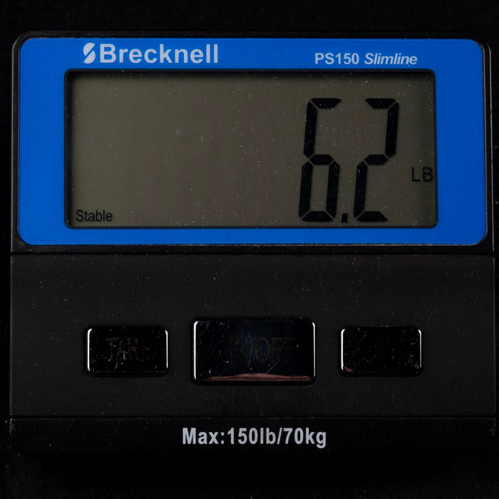 Brecknell PS150 Slimline digital scale displaying weight on a black background