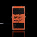 Orange guitar effects pedal with black text on a black background
