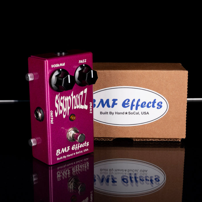 Purple guitar effects pedal with 'BMF Effects' branding on a reflective surface.