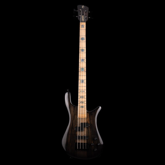 Electric bass guitar with a black finish on a white background