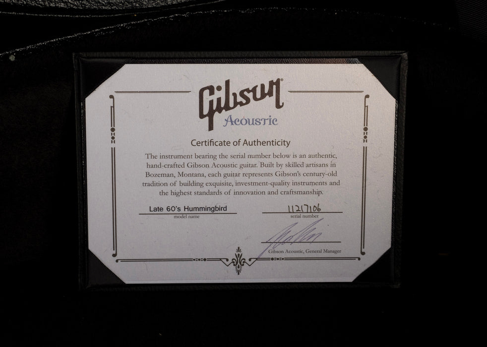 Pre Owned 2017 Gibson Custom Shop Late '60s Hummingbird Heritage Acoustic Guitar With OHSC