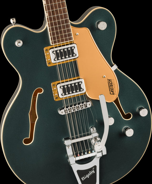 Gretsch G5622T Electromatic Center Block Double-Cut with Bigsby Cadillac Green Closeup Tilt Left