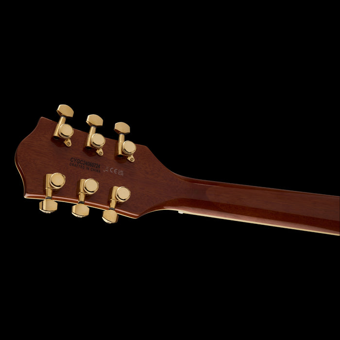 Gretsch Limited Edition Electromatic Flame Okoume Broadkaster Roundup Orange Headstock Back