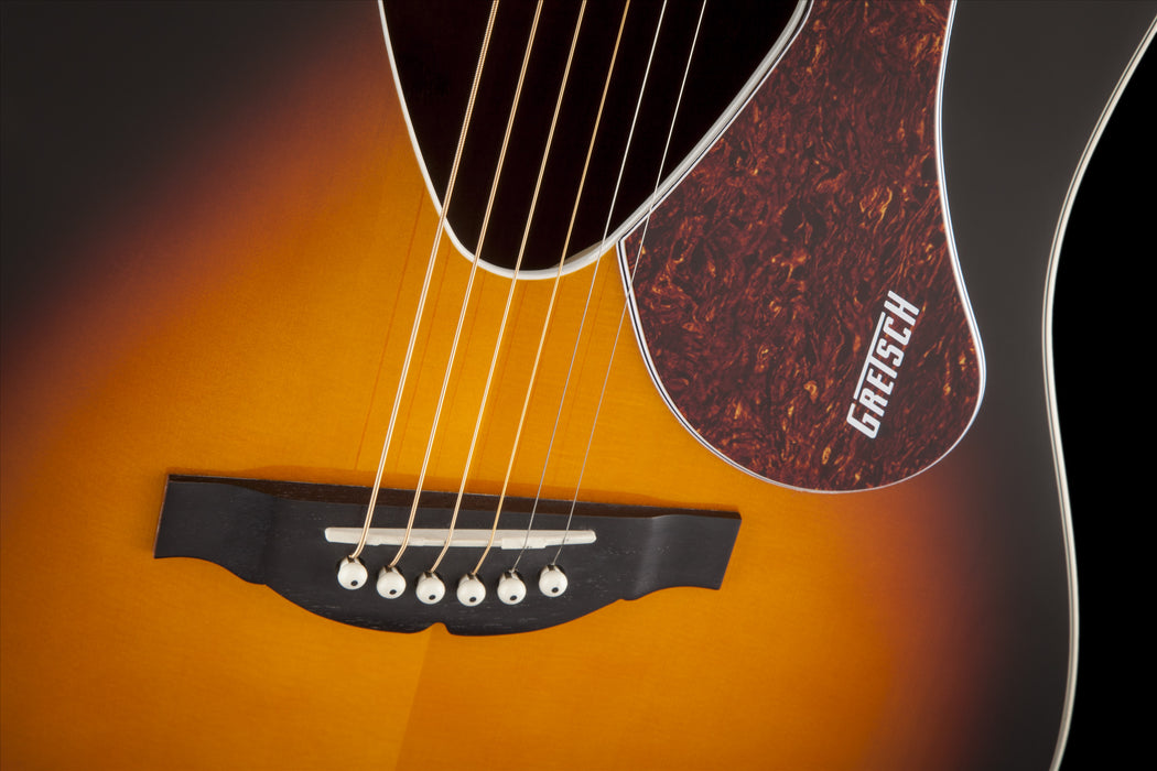 Gretsch G5024E Rancher Dreadnought Electric Fishman Pickup System Sunburst Acoustic Electric Guitar Closeup Bridge