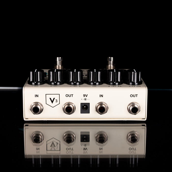 Audio interface with knobs and ports on a black background