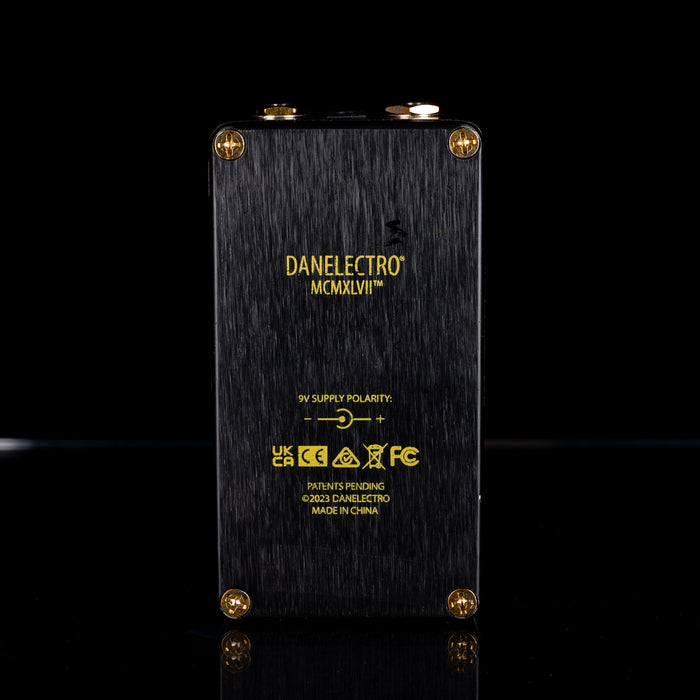 Guitar effects pedal with 'Danelectro' branding on a black background