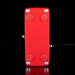 Red guitar effects pedal with four screws on a black background
