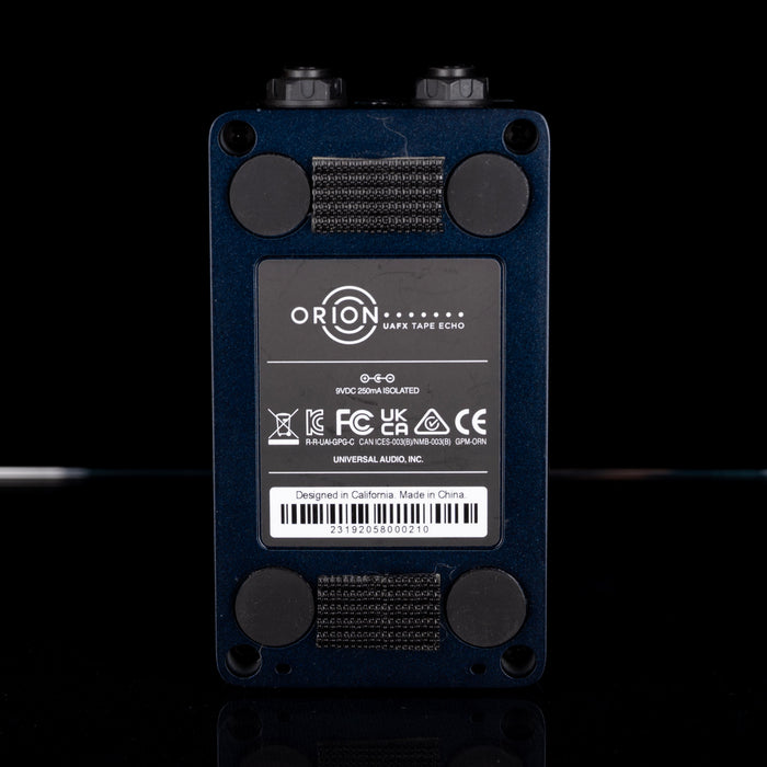 Orion audio pedal with label on a black background