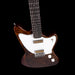 Glossy electric guitar with a dark brown body and white pickguard on a black background