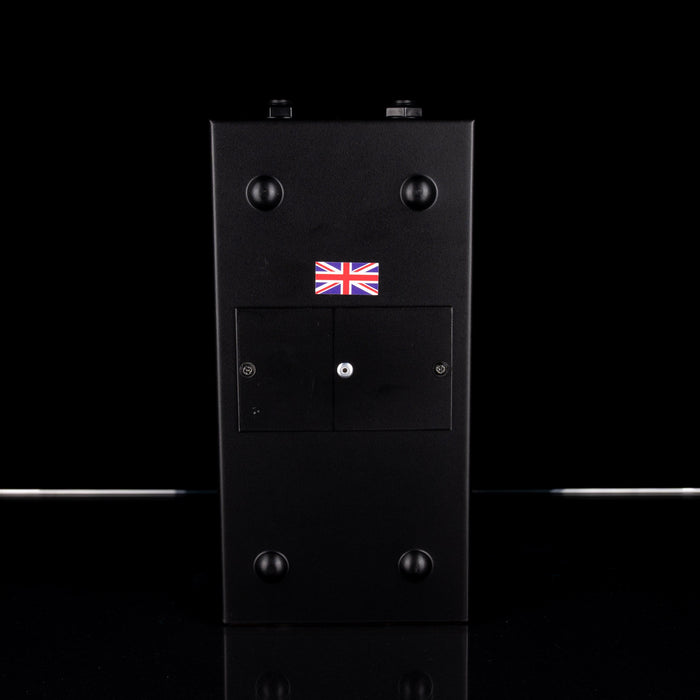Black electronic device with a Union Jack flag on a black background