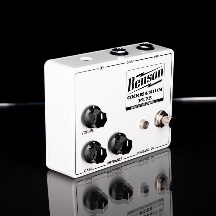 Benson Germanium Fuzz guitar effects pedal on a reflective surface with a black background
