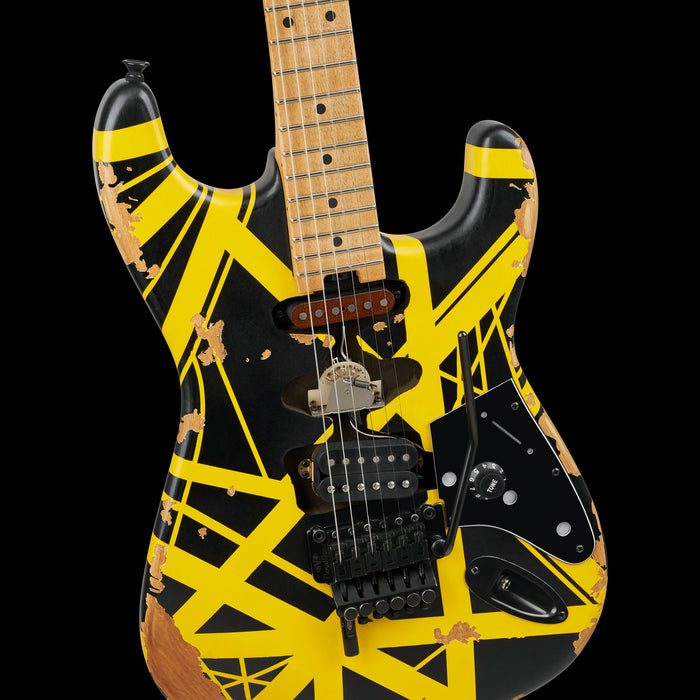 EVH Limited Edition Striped Series Frankenstein Frankie Aged Black with Yellow Stripes Front Body Detail 