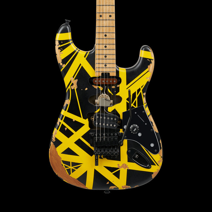 EVH Limited Edition Striped Series Frankenstein Frankie Aged Black with Yellow Stripes Front Crop