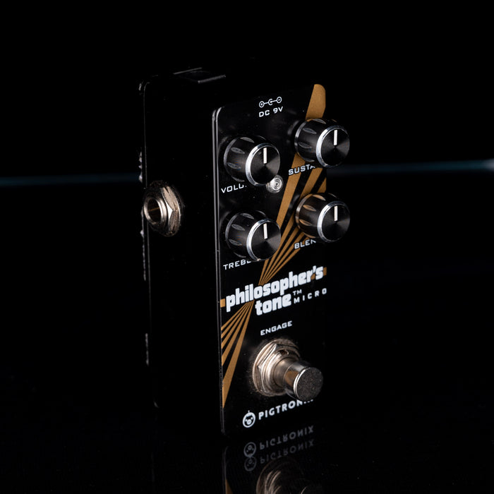 Guitar effects pedal with 'Philosopher's Tone Micro' branding on a black background