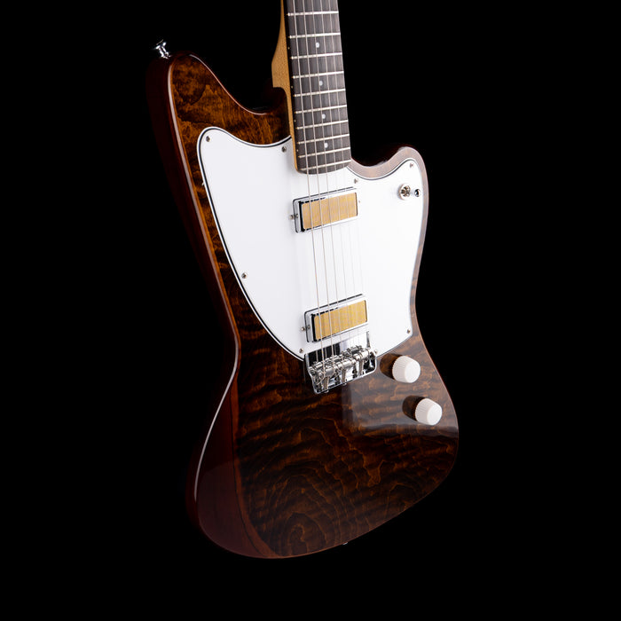 Glossy electric guitar with a brown body and white pickguard on a black background