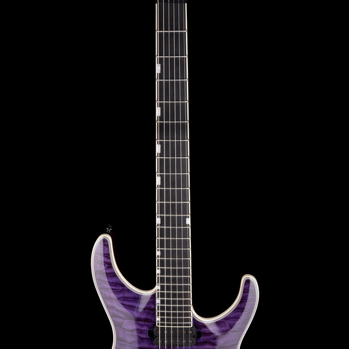 Purple electric guitar with a clear finish on a black background