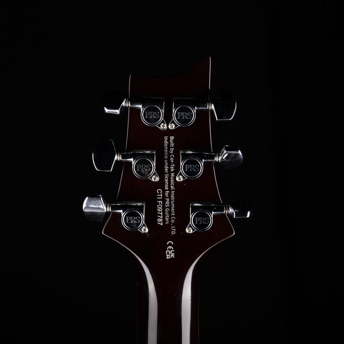 Close-up of a guitar headstock with tuning pegs on a black background