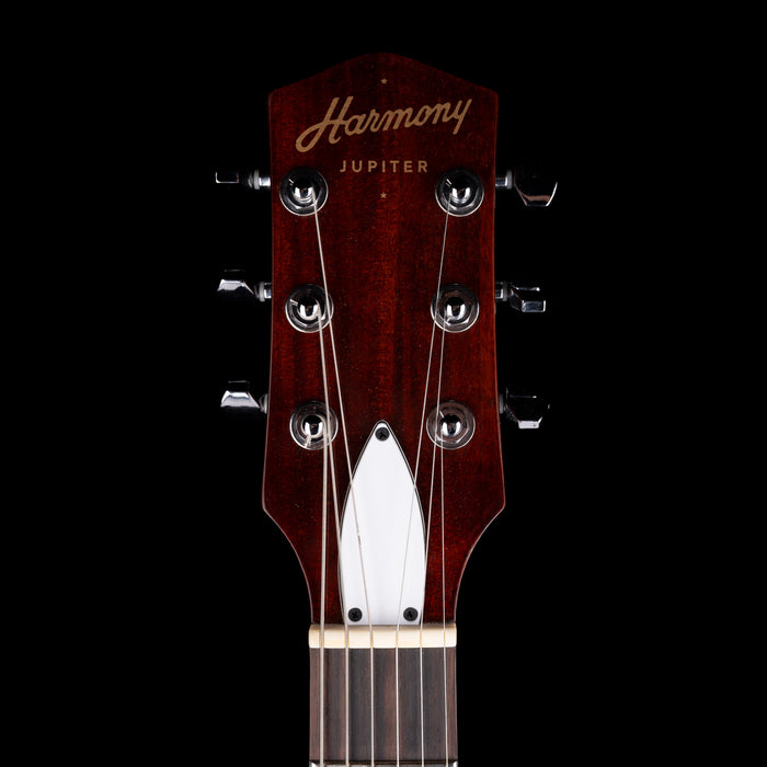 Guitar headstock with 'Harmony Jupiter' branding on a black background