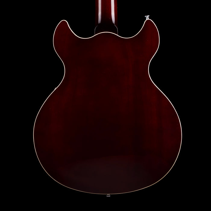 Back view of a dark brown electric guitar on a black background
