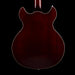 Back view of a dark brown electric guitar on a black background